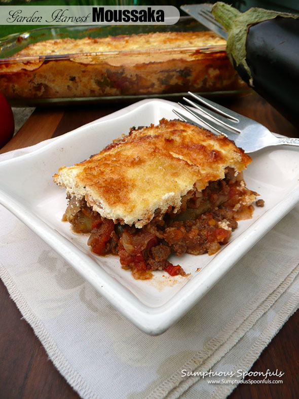 Garden Harvest Moussaka {Greek Lasagna} ~ Sumptuous Spoonfuls #layered #Greek #hotdish #recipe