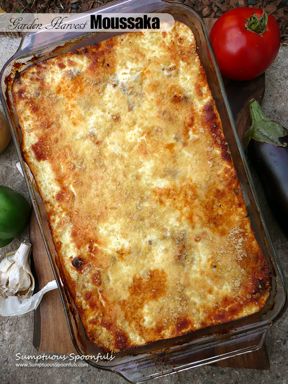 Garden Harvest Moussaka {Greek Lasagna} ~ Sumptuous Spoonfuls #layered #Greek #hotdish #recipe