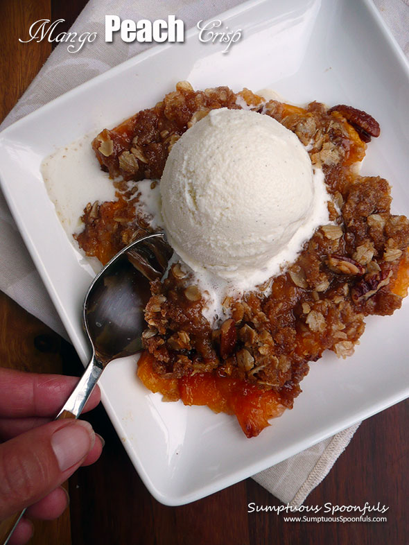 Mango Peach Crisp ~ Sumptuous Spoonfuls #easy #peach #tropical #dessert #recipe