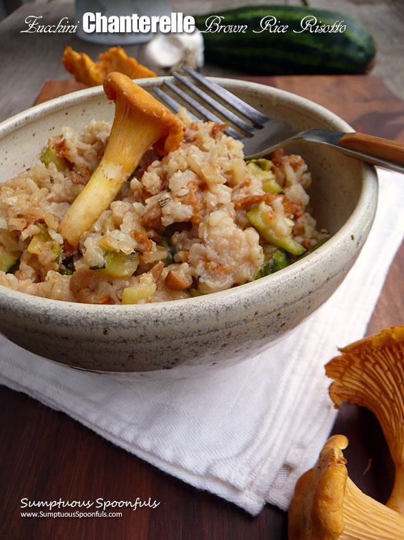 Zucchini Chanterelle Brown Rice Risotto ~ Sumptuous Spoonfuls #mushroom #brownrice #easy #risotto #recipe