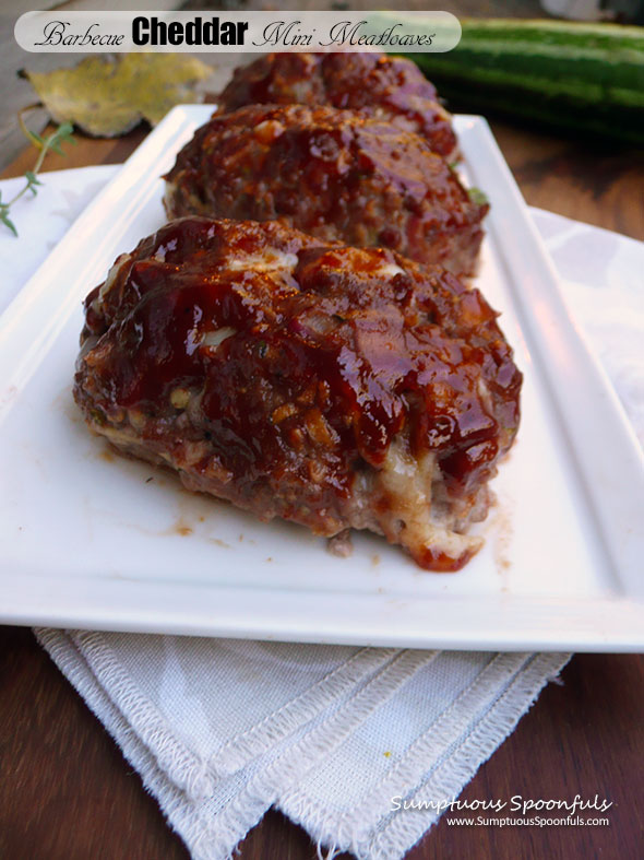 Barbecue Cheddar Mini Meatloaves ~ Sumptuous Spoonfuls #kidfriendly #meatloaf #recipe