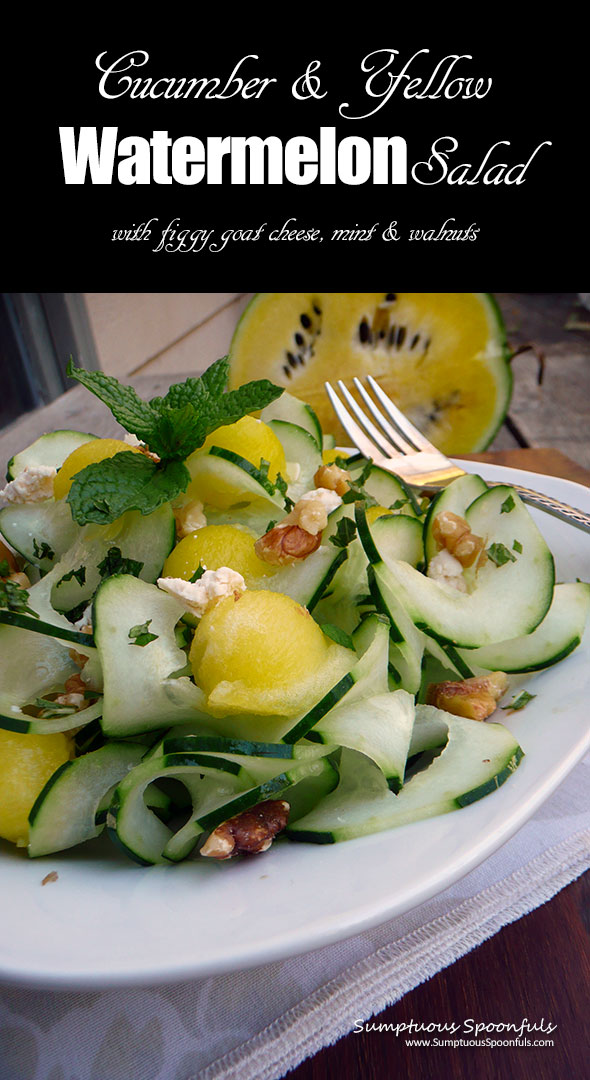 Minted Cucumber Watermelon Salad with Figgy Goat Cheese & Toasted Walnuts ~ Sumptuous Spoonfuls #easy #watermelon #salad #recipe