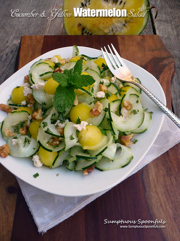 Minted Cucumber Watermelon Salad with Figgy Goat Cheese & Toasted Walnuts ~ Sumptuous Spoonfuls #easy #watermelon #salad #recipe