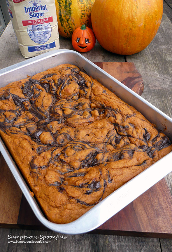 Pumpkin Cake with Chocolate Cheesecake Swirl ~ Sumptuous Spoonfuls #Choctoberfest #recipe