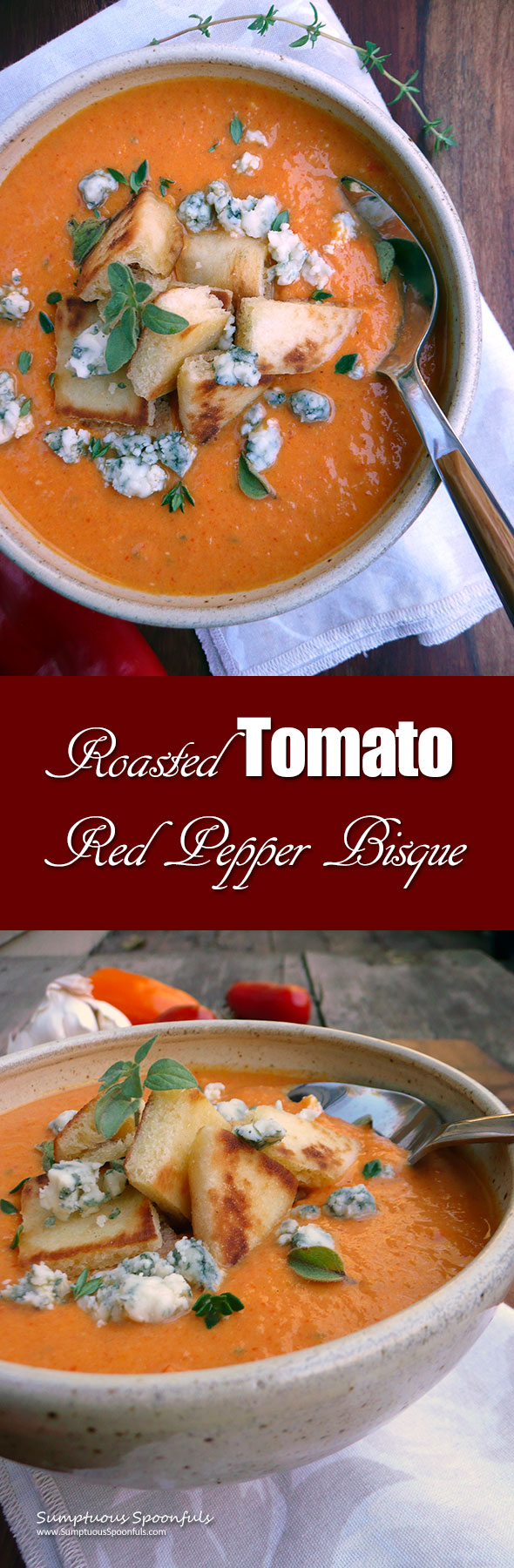 Roasted Tomato Red Pepper Bisque ~ Sumptuous Spoonfuls #tomato #redpepper #soup #recipe