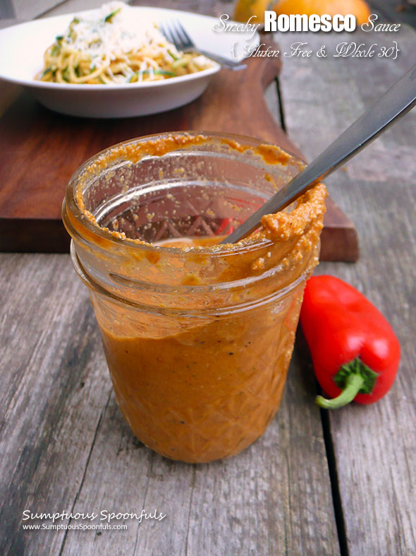 Smoky Romesco Sauce (Gluten free & Whole 30) ~ Sumptuous Spoonfuls #healthy #sauce #recipe