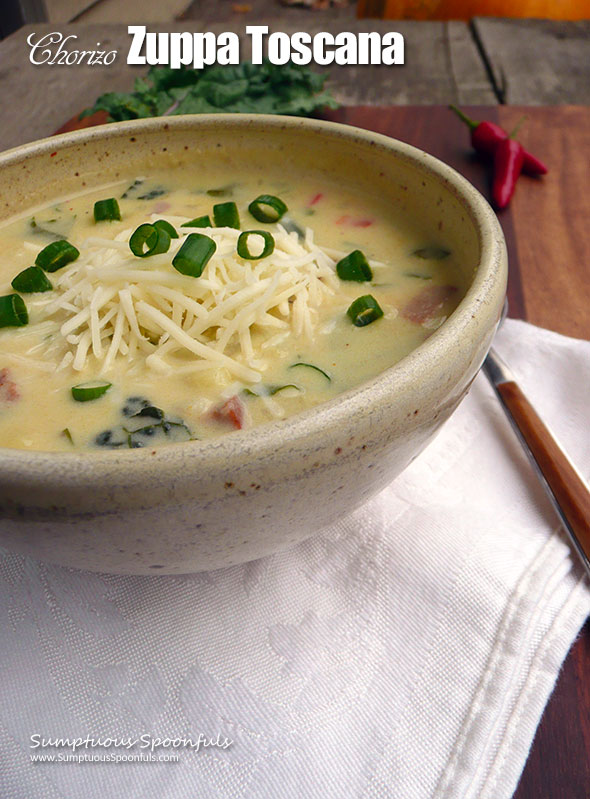 Spicy Chorizo Zuppa Toscana ~ Sumptuous Spoonfuls #sausage #kale #soup #recipe