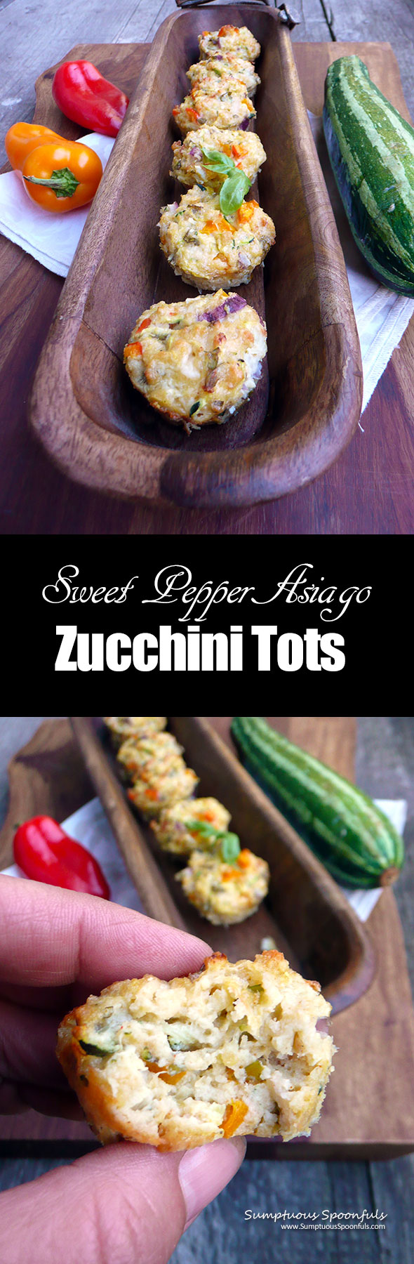 Sweet Pepper Asiago Zucchini Tots ~ Sumptuous Spoonfuls #zucchini #recipe