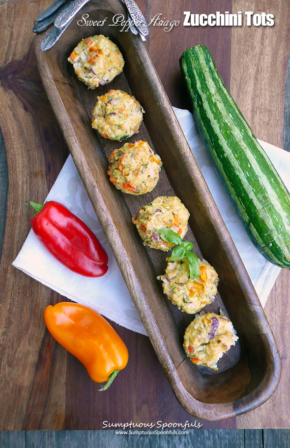 Sweet Pepper Asiago Zucchini Tots ~ Sumptuous Spoonfuls #zucchini #recipe