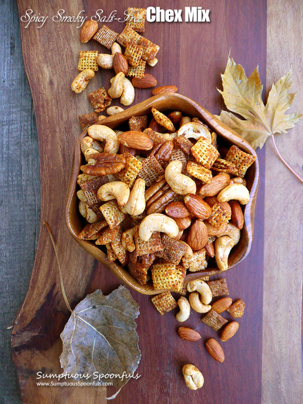 Spicy Smoky Salt-Free Chex Mix ~ Sumptuous Spoonfuls #healthy #snackmix #recipe