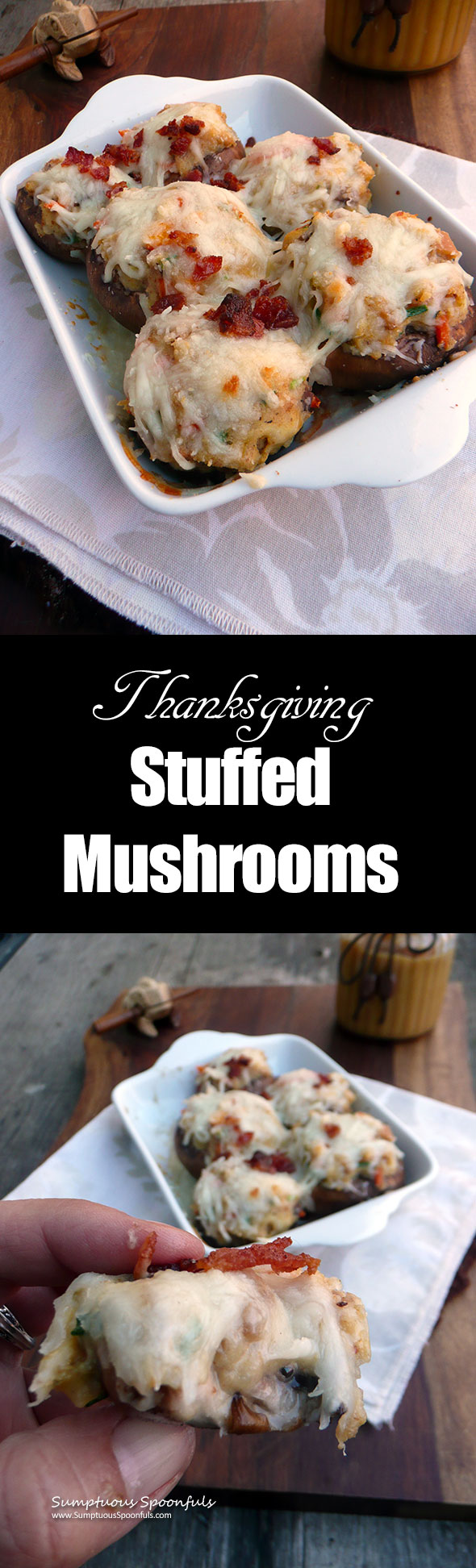 Thanksgiving Stuffed Mushrooms ~ Sumptuous Spoonfuls #Thanksgiving #Leftovers #Recipe
