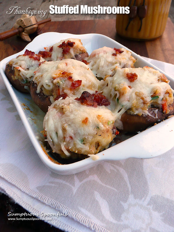 Thanksgiving Stuffed Mushrooms ~ Sumptuous Spoonfuls #Thanksgiving #Leftovers #Recipe