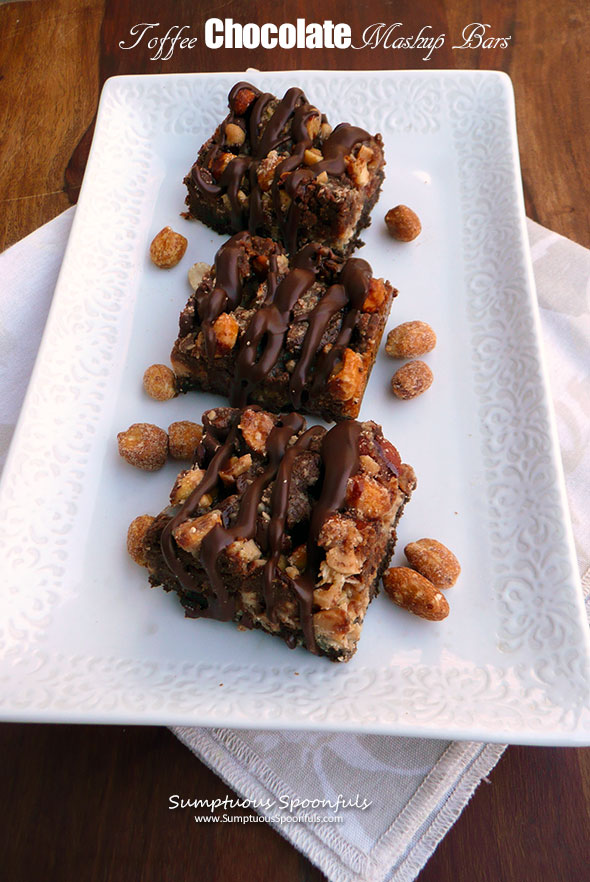 Toffee Chocolate Mashup Bars ~ Sumptuous Spoonfuls 7-Layer #chocolate #PB #7Layer #Bars