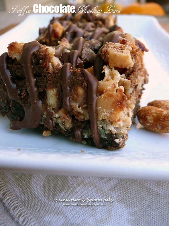 Toffee Chocolate Mashup Bars ~ Sumptuous Spoonfuls 7-Layer #chocolate #PB #7Layer #Bars