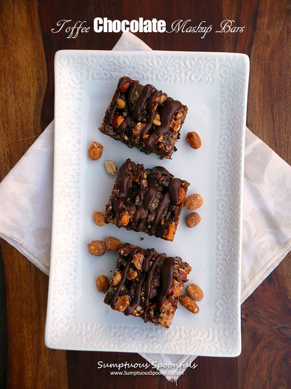 Toffee Chocolate Mashup Bars ~ Sumptuous Spoonfuls 7-Layer #chocolate #PB #7Layer #Bars