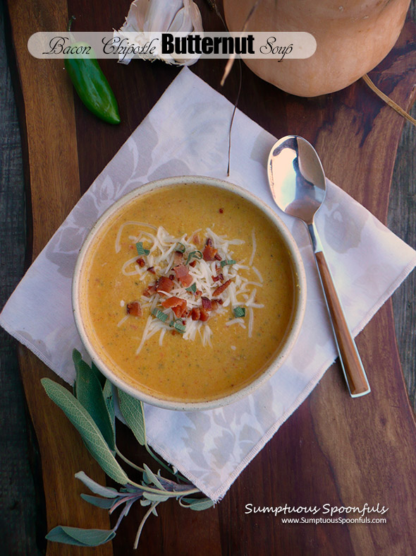 Bacon Chipotle Butternut Soup ~ Sumptuous Spoonfuls #savory #squash #soup #recipe