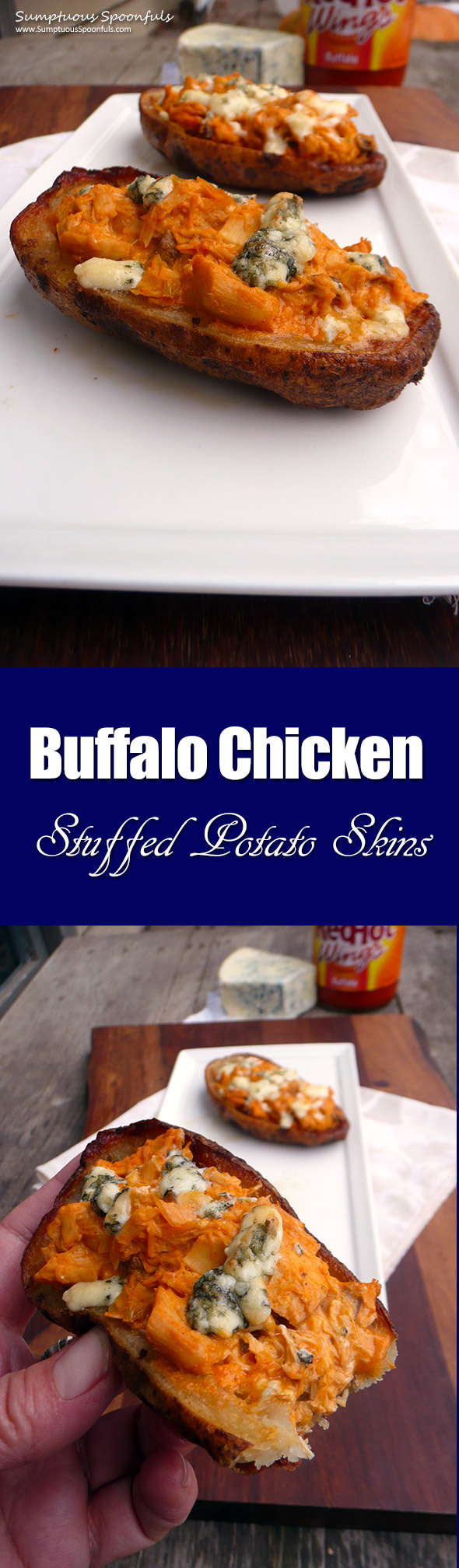 Buffalo Chicken Stuffed Potato Skins ~ Sumptuous Spoonfuls #spicy #appetizer #recipe