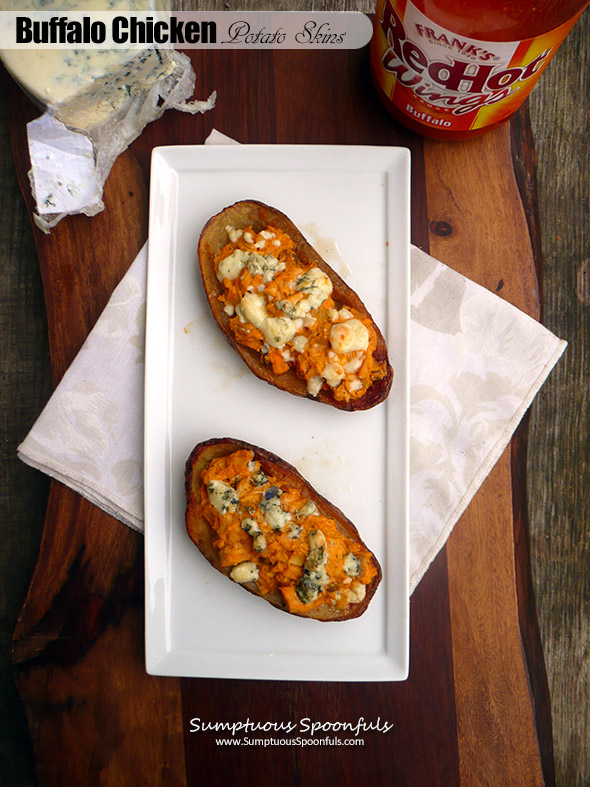 Buffalo Chicken Stuffed Potato Skins ~ Sumptuous Spoonfuls #spicy #appetizer #recipe