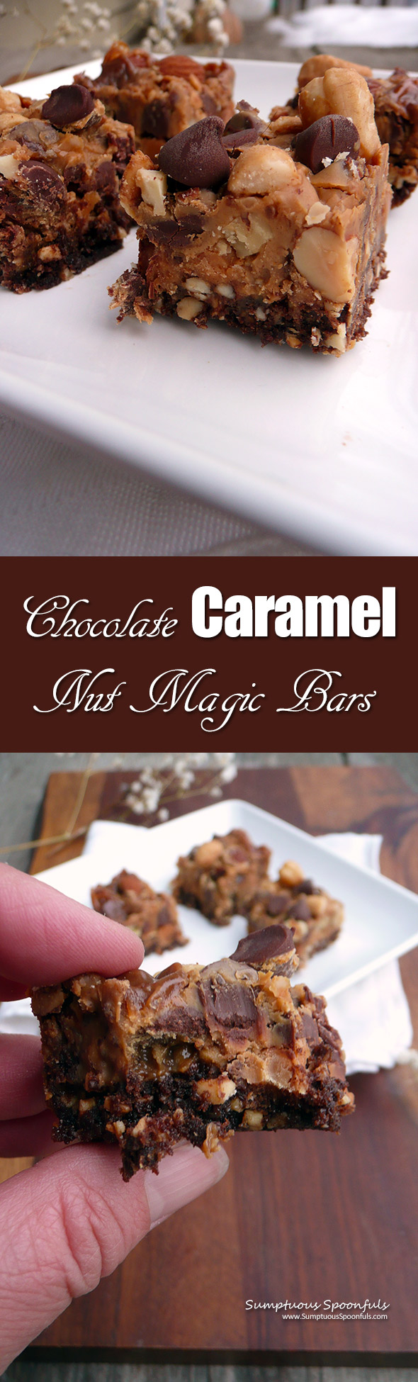 Chocolate Caramel Nut Magic Bars ~ Sumptuous Spoonfuls #orgasmic #chewy #layer #bars #recipe