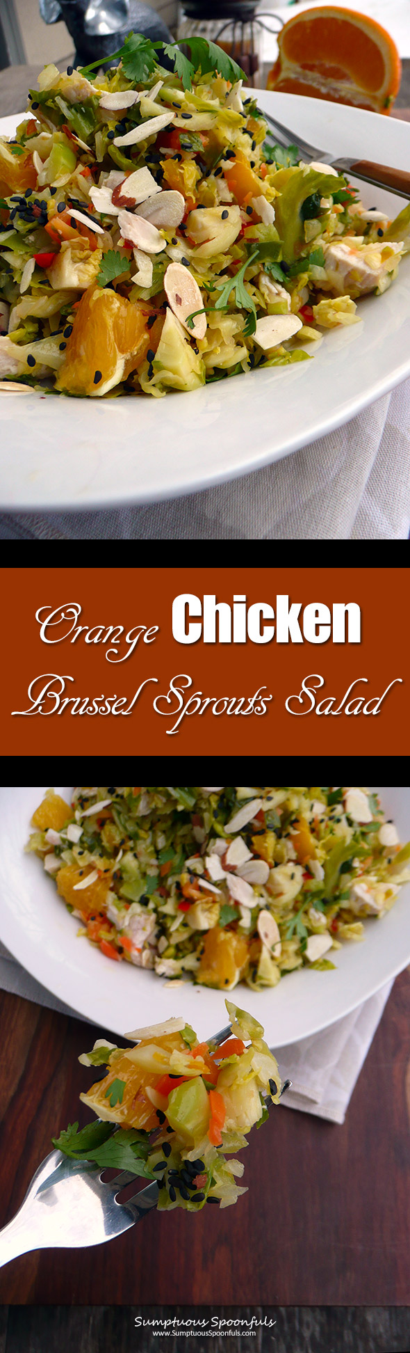 Asian Orange Chicken Brussel Sprouts Salad ~ Sumptuous Spoonfuls #chinese #chicken #salad #recipe