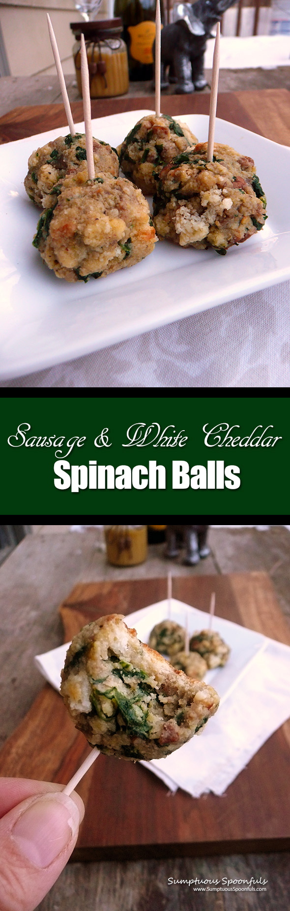 Sausage & White Cheddar Spinach Balls ~ Sumptuous Spoonfuls #cheesy #appetizer #recipe