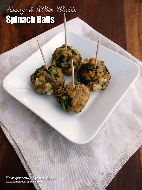 Sausage & White Cheddar Spinach Balls ~ Sumptuous Spoonfuls #cheesy #appetizer #recipe