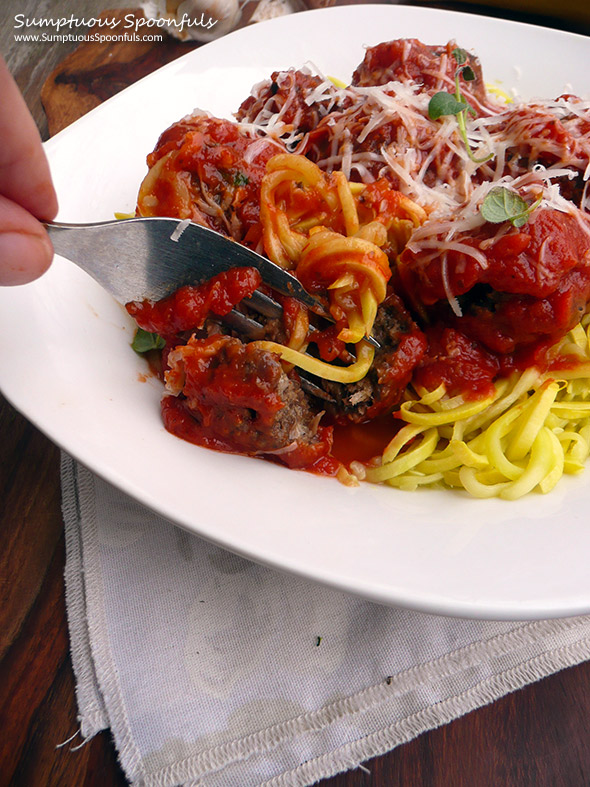 Zoodles with Vegetarian Parmesan Mushroom Meatballs ~ Sumptuous Spoonfuls #meatless #meatballs #recipe