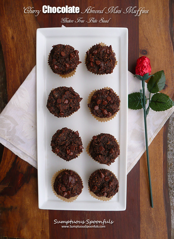 Cherry Chocolate Almond Mini-Muffins~Sumptuous Spoonfuls #glutenfree #hearthealthy #breakfast #recipe