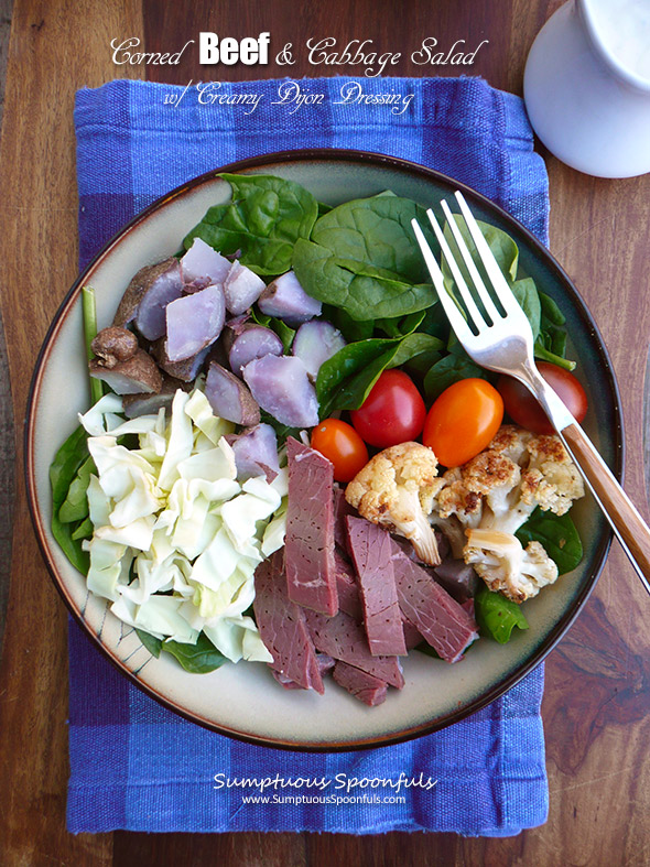 Corned Beef & Cabbage Salad w Roasted Cauliflower and Creamy Dijon Dressing ~ Sumptuous Spoonfuls #Irish #Salad #Recipe