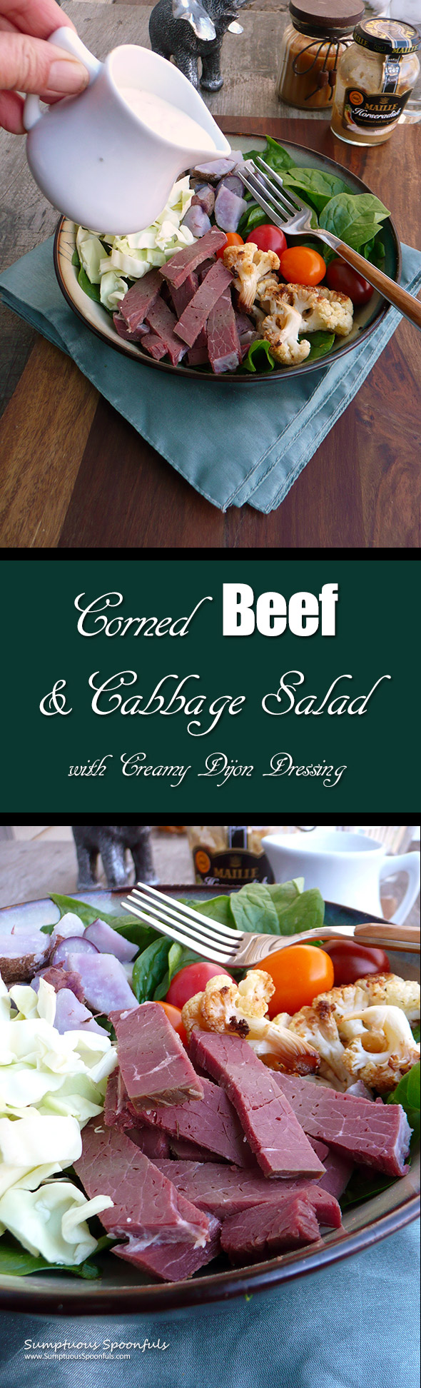 Corned Beef & Cabbage Salad w Roasted Cauliflower and Creamy Dijon Dressing ~ Sumptuous Spoonfuls #Irish #Salad #Recipe