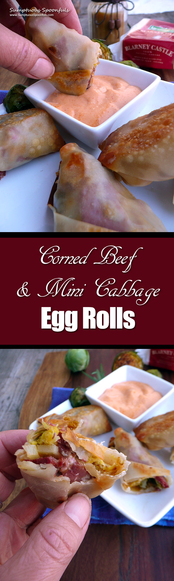 Corned Beef & Mini Cabbage Egg Rolls ~ Sumptuous Spoonfuls #BrusselSprouts #CornedBeef #recipe