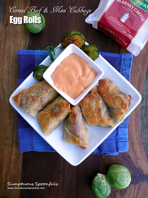 Corned Beef & Mini Cabbage Egg Rolls ~ Sumptuous Spoonfuls #BrusselSprouts #CornedBeef #recipe