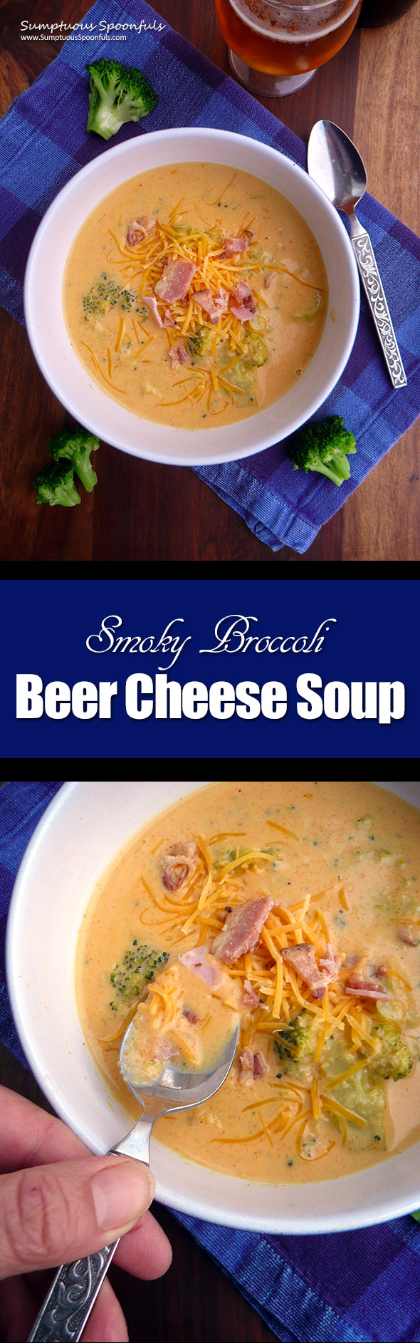 Smoky Broccoli Beer Cheese Soup ~ Sumptuous Spoonfuls #broccoli #beer #cheese #soup #recipe