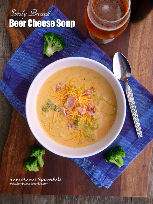 Smoky Broccoli Beer Cheese Soup ~ Sumptuous Spoonfuls #broccoli #beer #cheese #soup #recipe