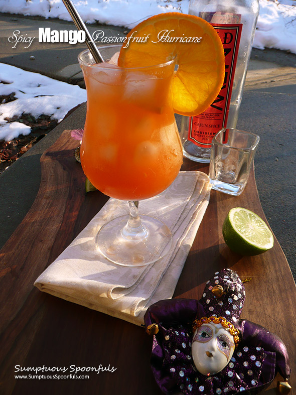 Spicy Mango Passionfruit Hurricane ~ Sumptuous Spoonfuls #MardiGras #Cocktail #Recipe