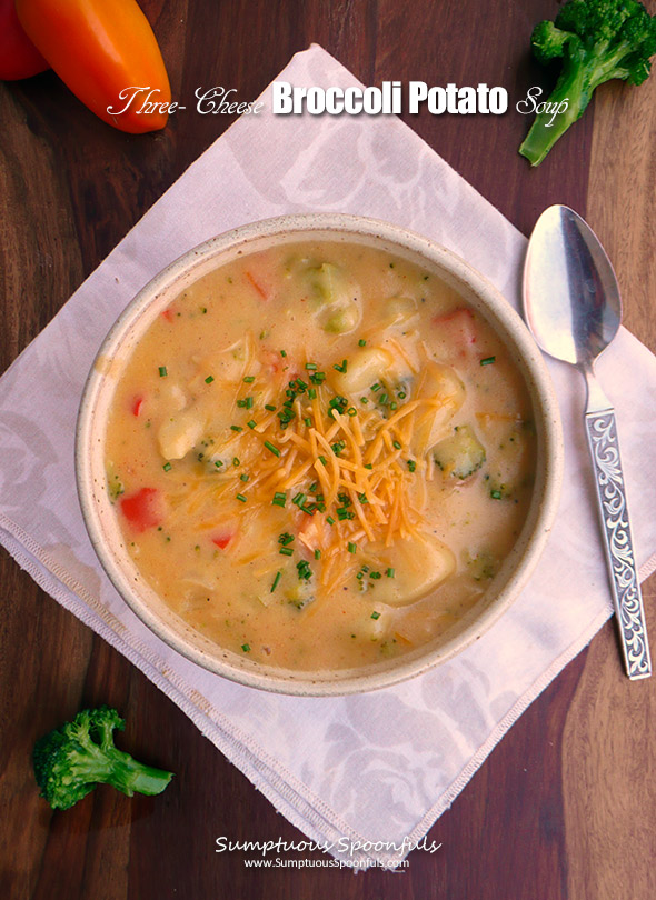 Three Cheese Broccoli Potato Soup ~ Sumptuous Spoonfuls #broccoli #potato #soup #recipe