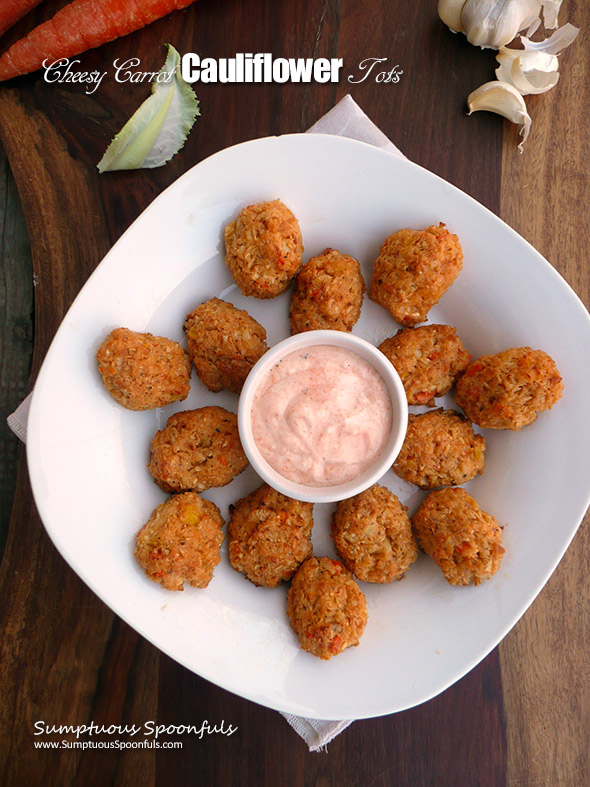 Cheesy Carrot Cauliflower Tots ~ Sumptuous Spoonfuls #snack #recipe