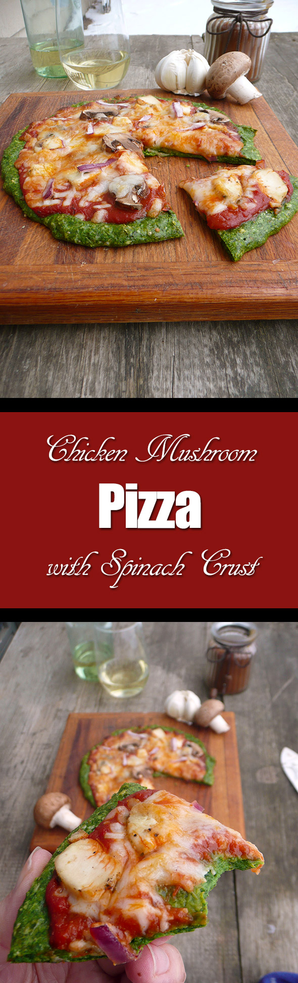 Chicken Mushroom Pizza with Spinach Crust ~ Sumptuous Spoonfuls #healthy #pizza #recipe #quick