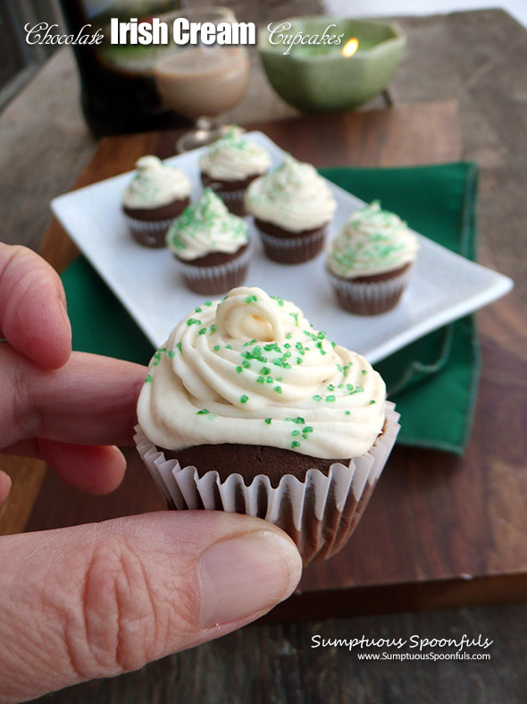 Chocolate Irish Cream Mini Cupcakes with Bailey's Cream Cheese Frosting ~ Sumptuous Spoonfuls #Irish #cake #recipe #StPatricksDay