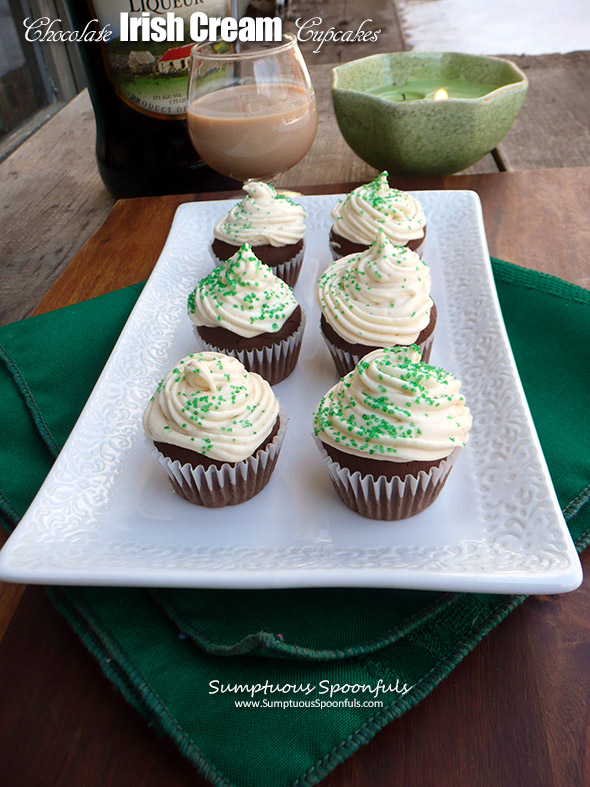 Chocolate Irish Cream Mini Cupcakes with Bailey's Cream Cheese Frosting ~ Sumptuous Spoonfuls #Irish #cake #recipe #StPatricksDay