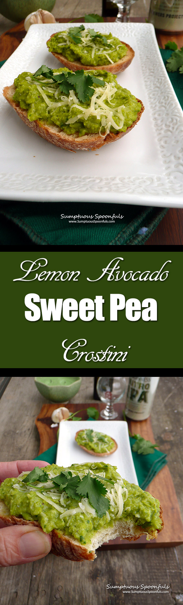 Lemon Avocado Sweet Pea Crostini ~ Sumptuous Spoonfuls #avocado #toast #recipe