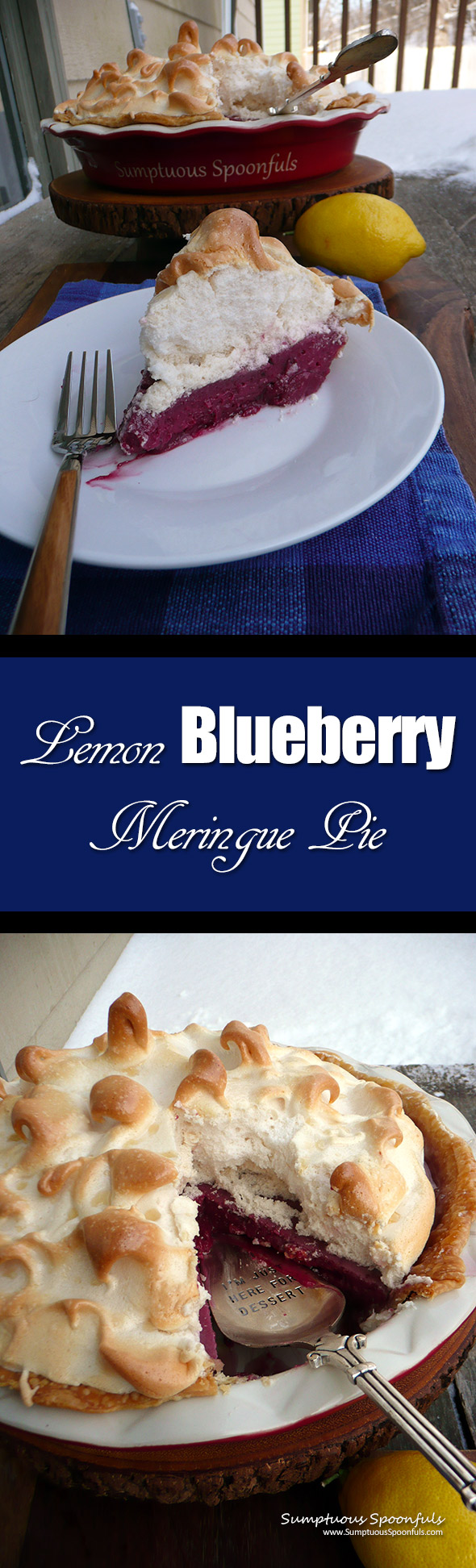 Lemon Blueberry Meringue Pie ~ Sumptuous Spoonfuls #pie #recipe #Pi #PiDay