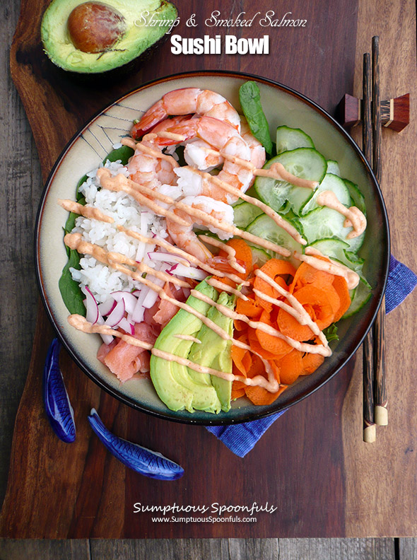 Shrimp & Smoked Salmon Sushi Bowl ~ Sumptuous Spoonfuls #easy #healthy #seafood #recipe