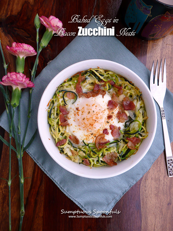 Baked Eggs in Bacon Zucchini Nests ~ Sumptuous Spoonfuls #easy #breakfast #recipe