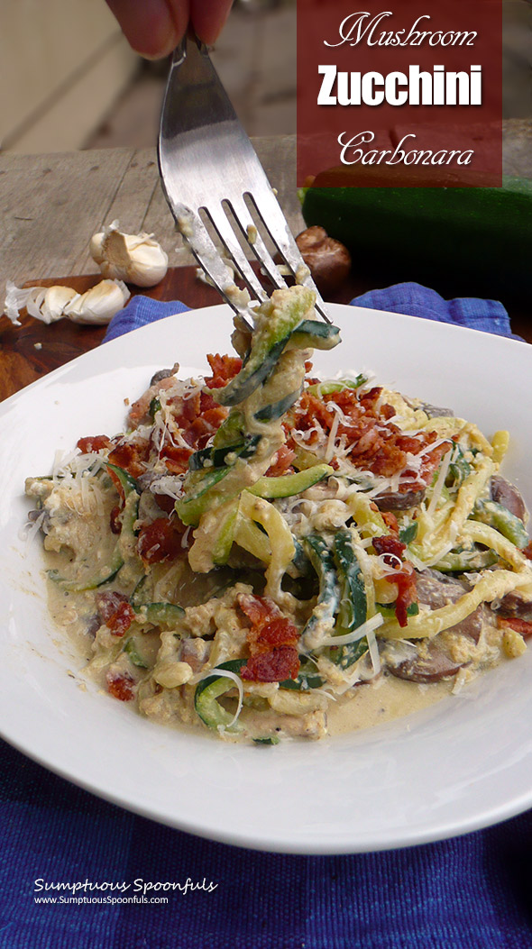 Mushroom Zucchin Carbonara ~ Sumptuous Spoonfuls #healthy #lowcarb #bacon #zoodle #recipe