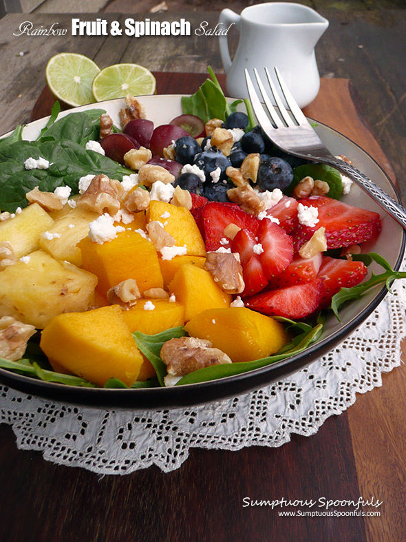 Rainbow Fruit & Spinach Salad w Honey Ginger Lime Dressing ~ Sumptuous Spoonfuls #salad #recipe