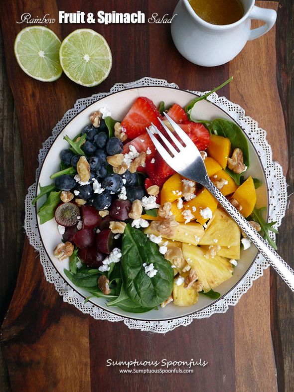 Rainbow Fruit & Spinach Salad w Honey Ginger Lime Dressing ~ Sumptuous Spoonfuls #salad #recipe