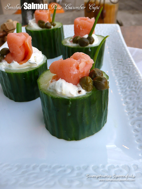 Smoked Salmon Rose Cucumber Cups ~ Sumptuous Spoonfuls #salmon #cucumber #bites #recipe