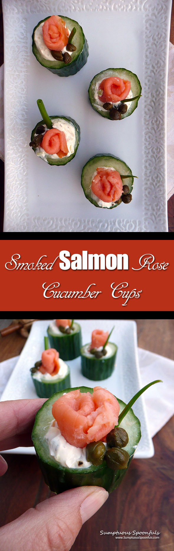 Smoked Salmon Rose Cucumber Cups ~ Sumptuous Spoonfuls #salmon #cucumber #bites #recipe