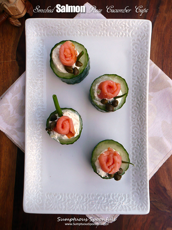 Smoked Salmon Rose Cucumber Cups ~ Sumptuous Spoonfuls #salmon #cucumber #bites #recipe